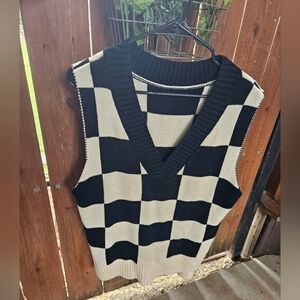 Black and Cream Checkered Women's Sweater Vest